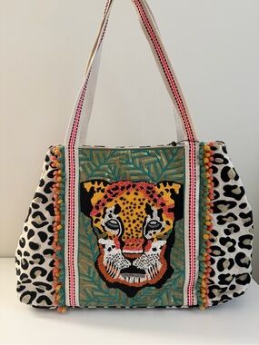 Embroidered Leopard Tote Bag in Multicolor